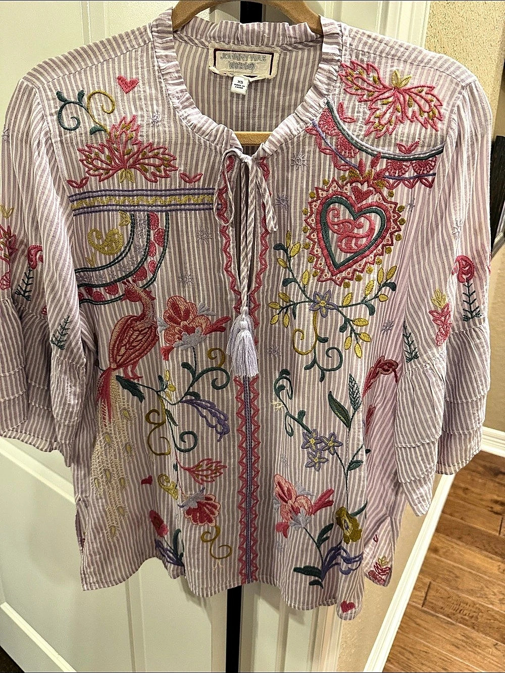 Johnny Was Workshop Striped Embroidered Tunic Top light lavender & White XS
